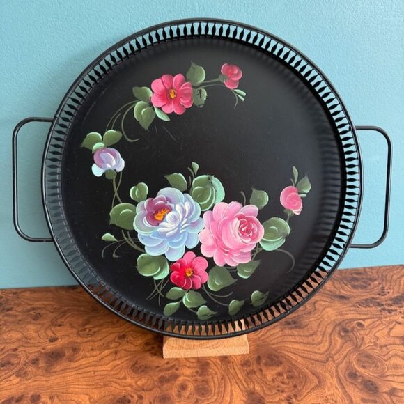Vintage Toleware Tray Handled Reticulated Fine Arts Studio Hand-Painted Floral - Picture 1 of 8